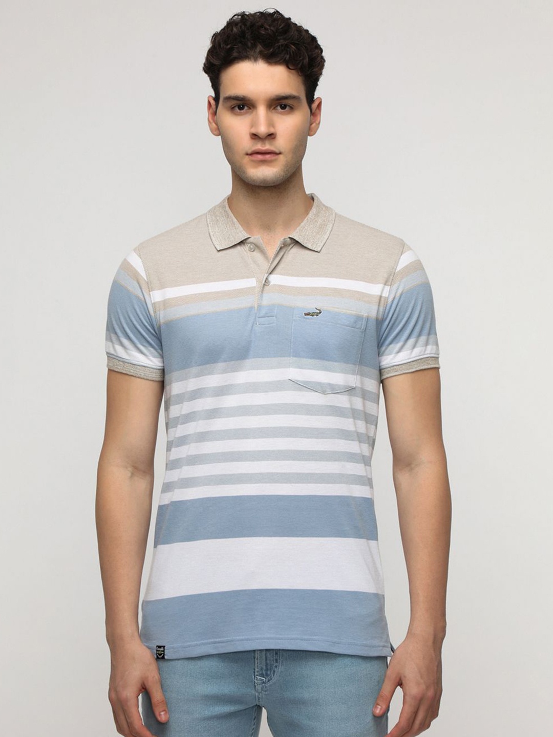 

Crocodile Men Striped Polo Collar Cotton Slim Fit T-Shirt, Blue