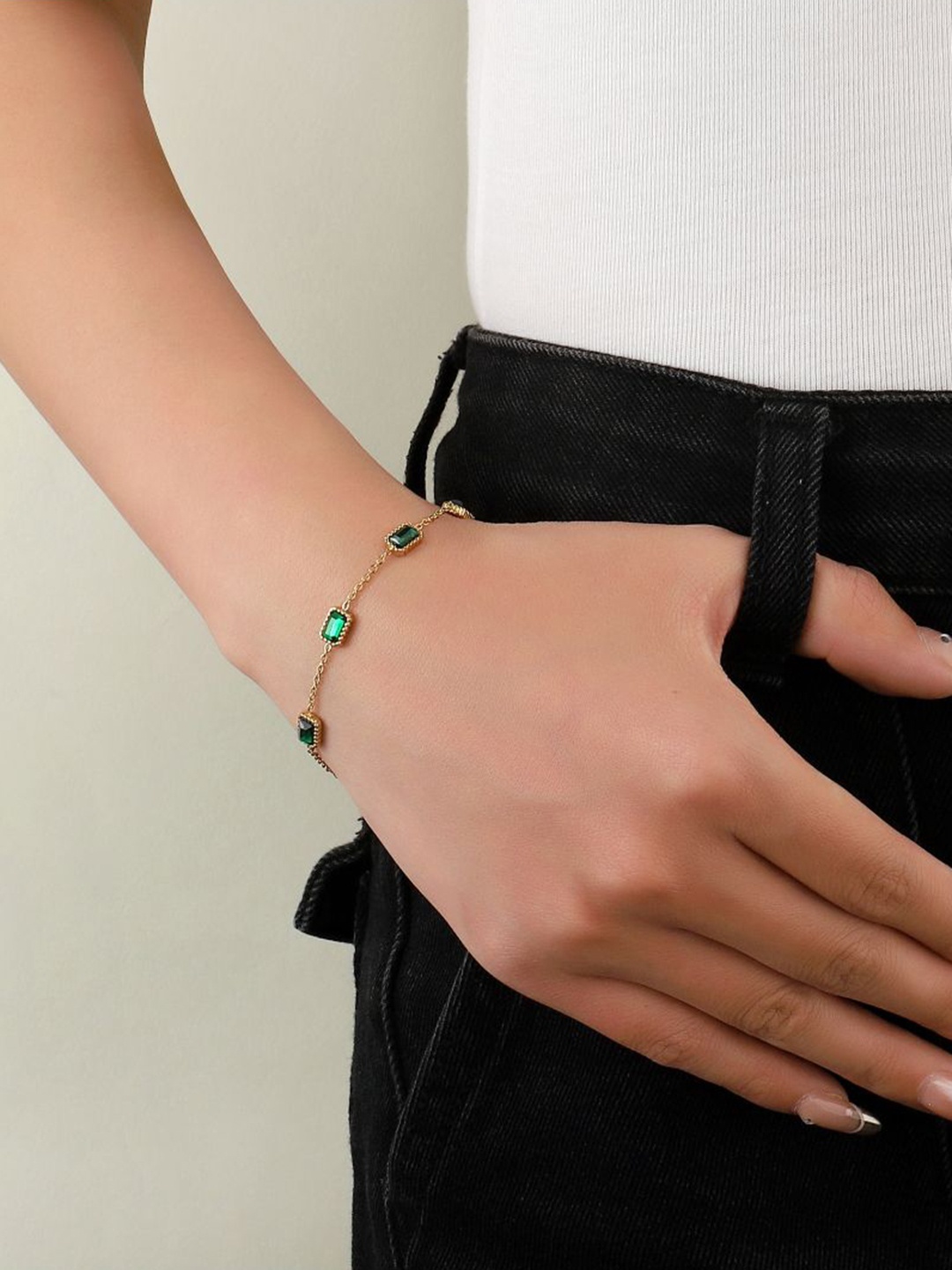 

SALTY Tales of Emerald Stainless Steel Stones Studded Wraparound Bracelet, Gold