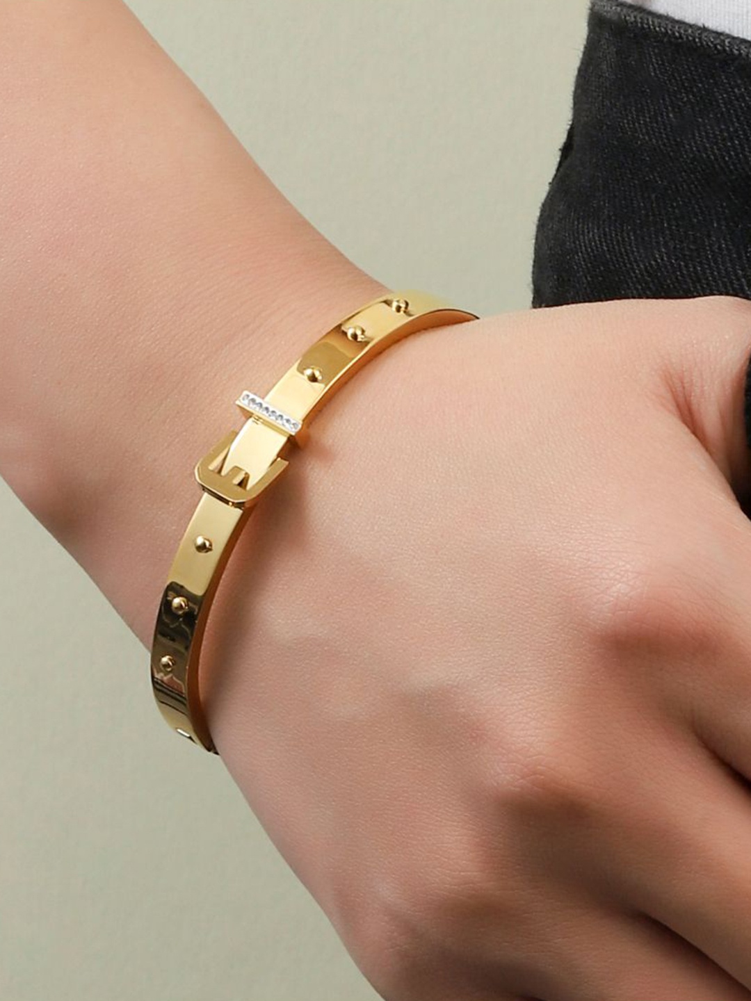 

SALTY Stainless Steel Stone-Studded Buckle Up Bangle-Style Bracelet, Gold