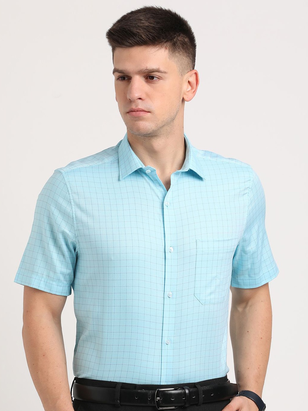 

Turtle Men Standard Spread Collar Grid Tattersall Checked Cotton Formal Shirt, Turquoise blue