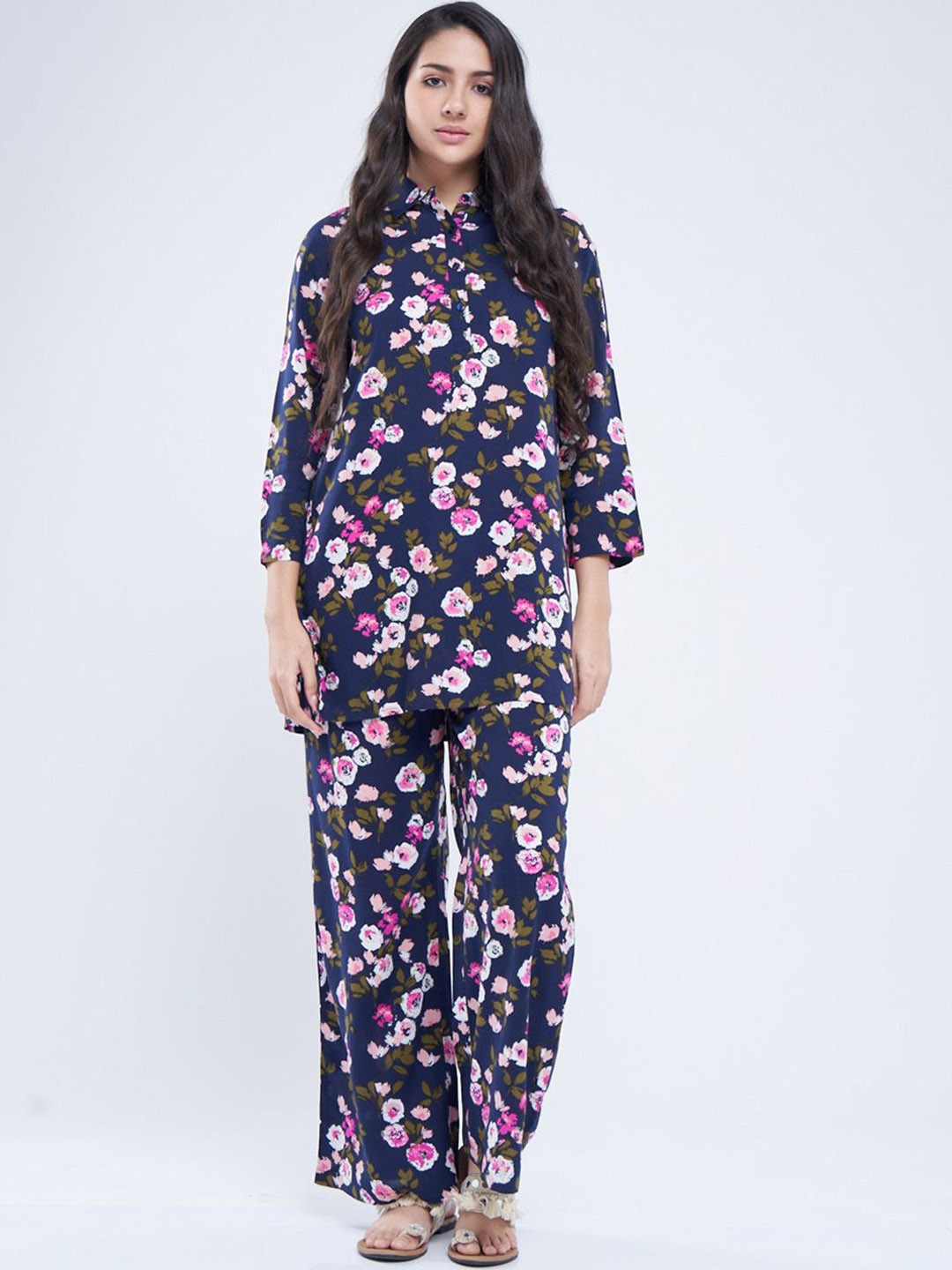 

July Floral Printed Shirt Collar Tunic With Trousers Co-Ords, Navy blue