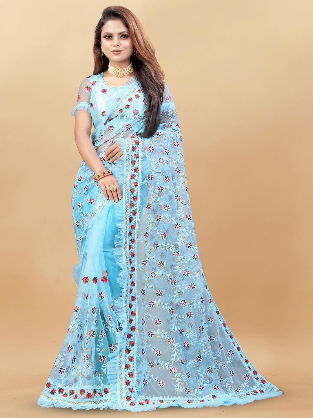 

Aika Ethnic Motifs Embroidered Saree with blouse piece, Turquoise blue