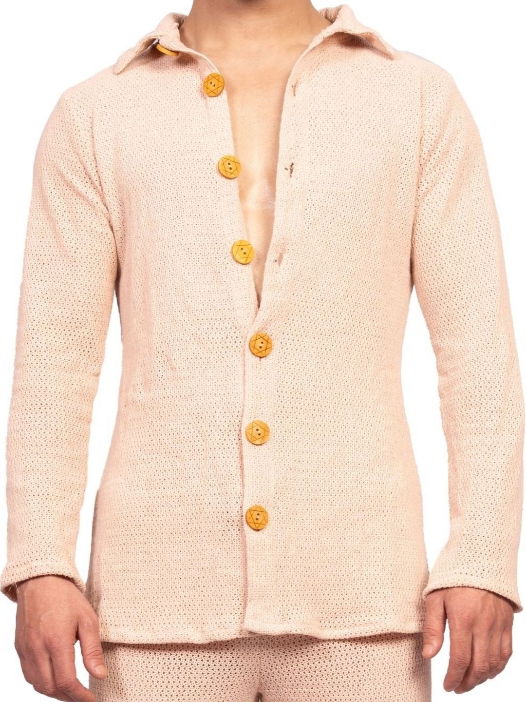 

EROBOLD Textured Self Design Spread Collar Crochet Cotton Casual Shirt, Cream
