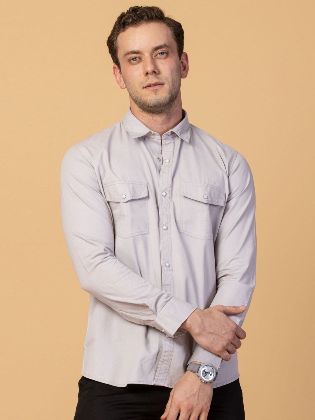 

USMC Men Smart Spread Collar Solid Cotton Slim Fit Casual Shirt, Grey