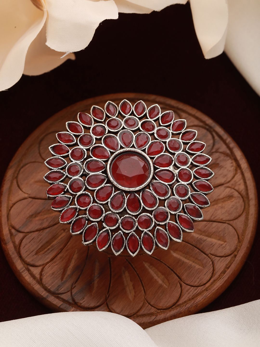 

Anouk Red Silver Plated Stone Studded Oxidised Adjustable Finger Ring