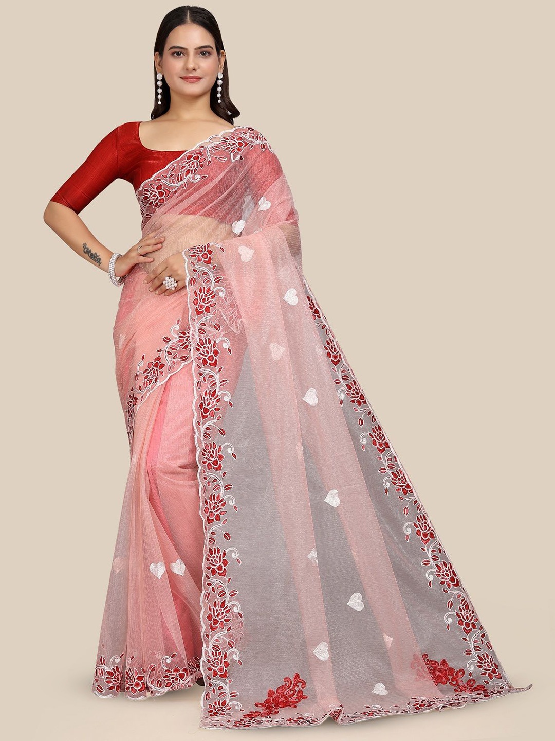 

Aika Floral Printed Embroidered Net Saree, Red