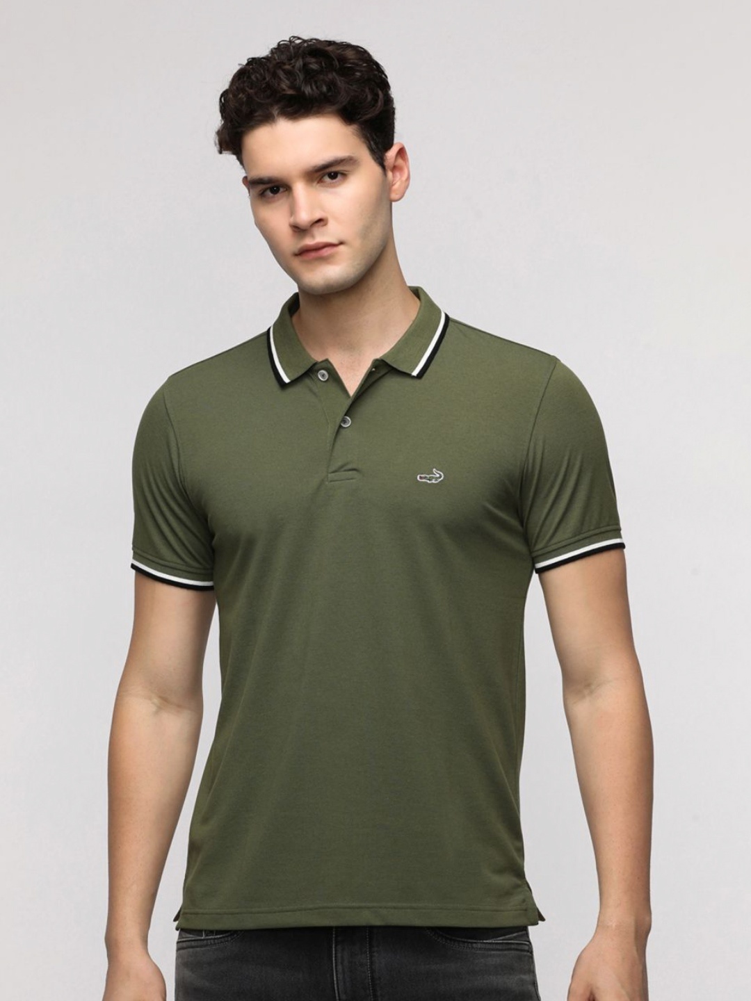 

Crocodile Men Solid Polo Collar Cotton Slim Fit T-Shirt, Olive