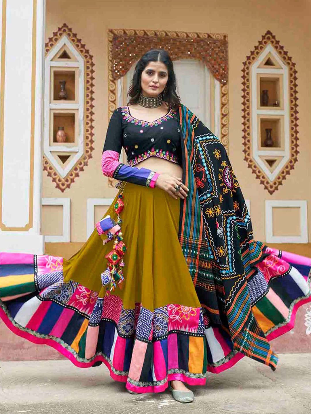 

ODETTE Printed Thread Work Ready to Wear Lehenga & Blouse With Dupatta, Green