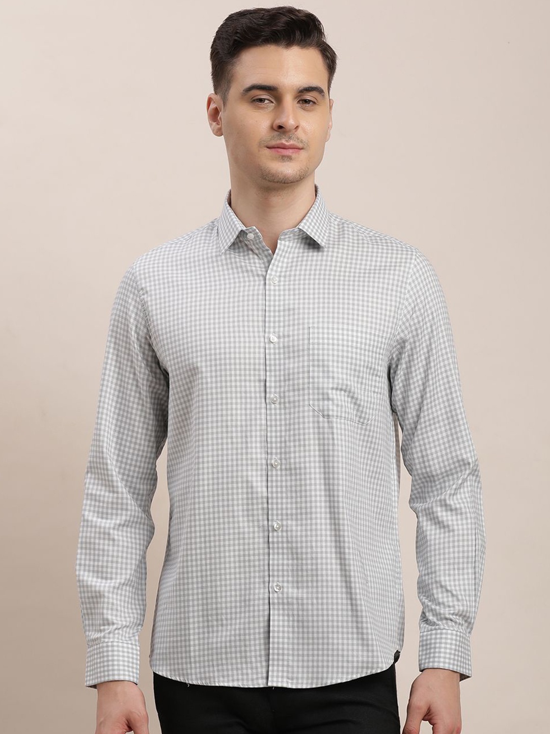 

Turtle Men Standard Spread Collar Micro Checked Cotton Slim Fit Formal Shirt, Grey