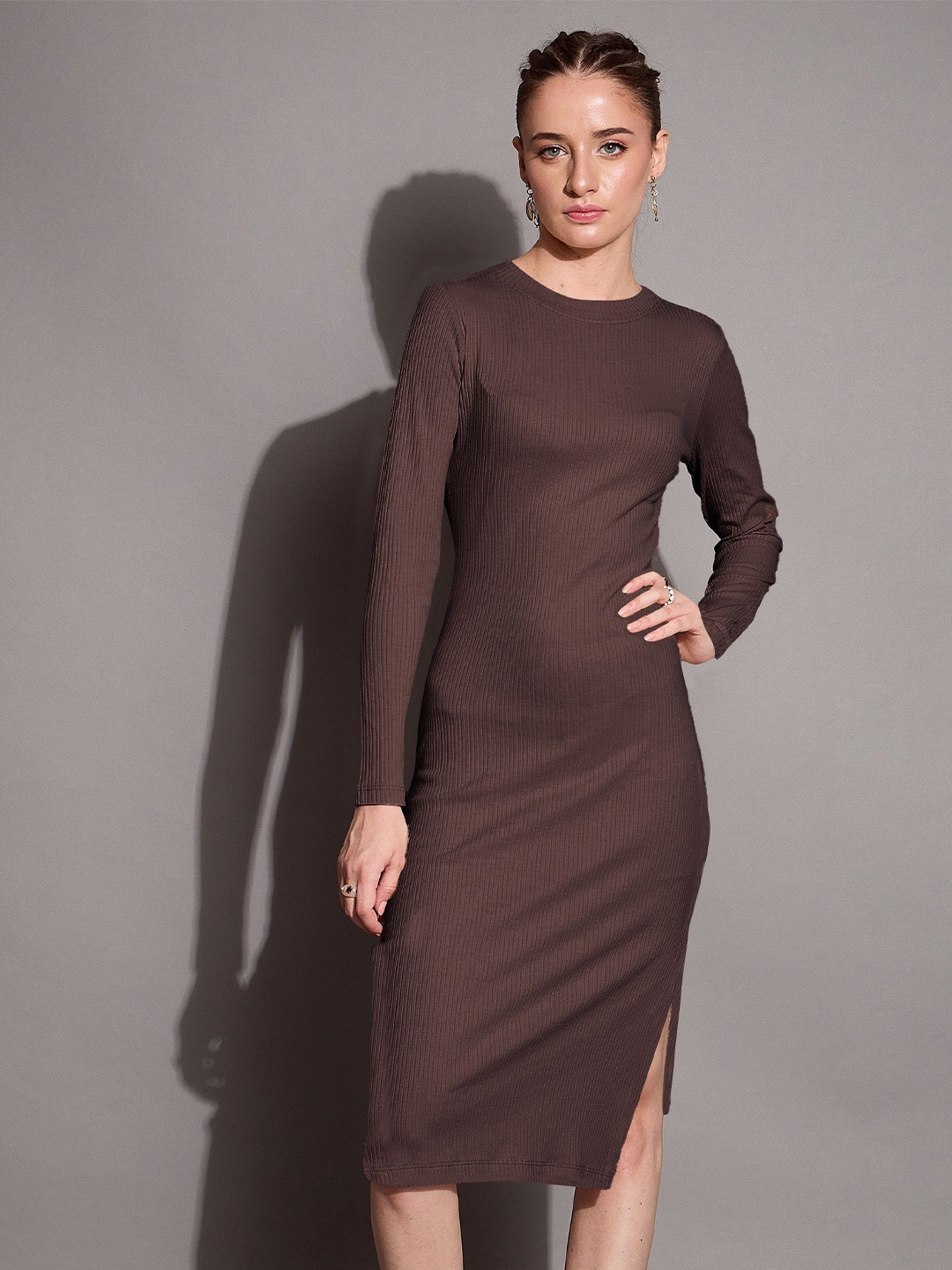 

SASSAFRAS BASICS Bodycon Midi Dress, Brown