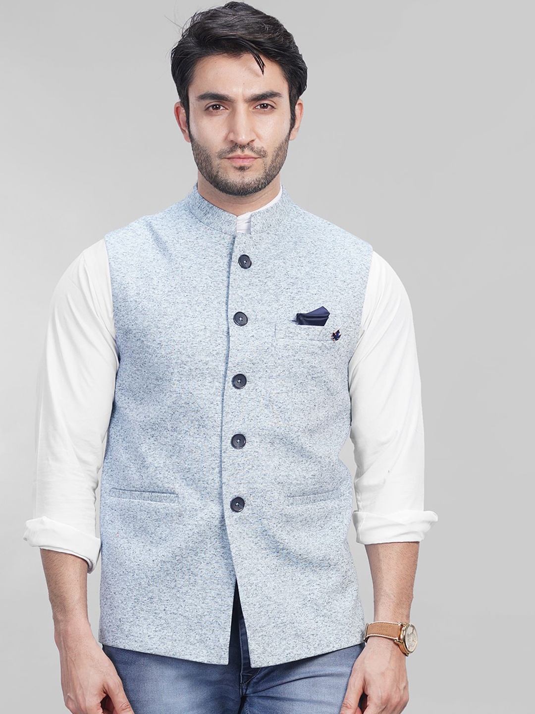 

LA'SCOOT Mandarin Collar Nehru Jacket, Blue
