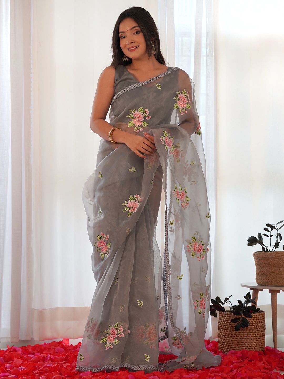 

KALINI Floral Embroidered Organza Saree, Grey