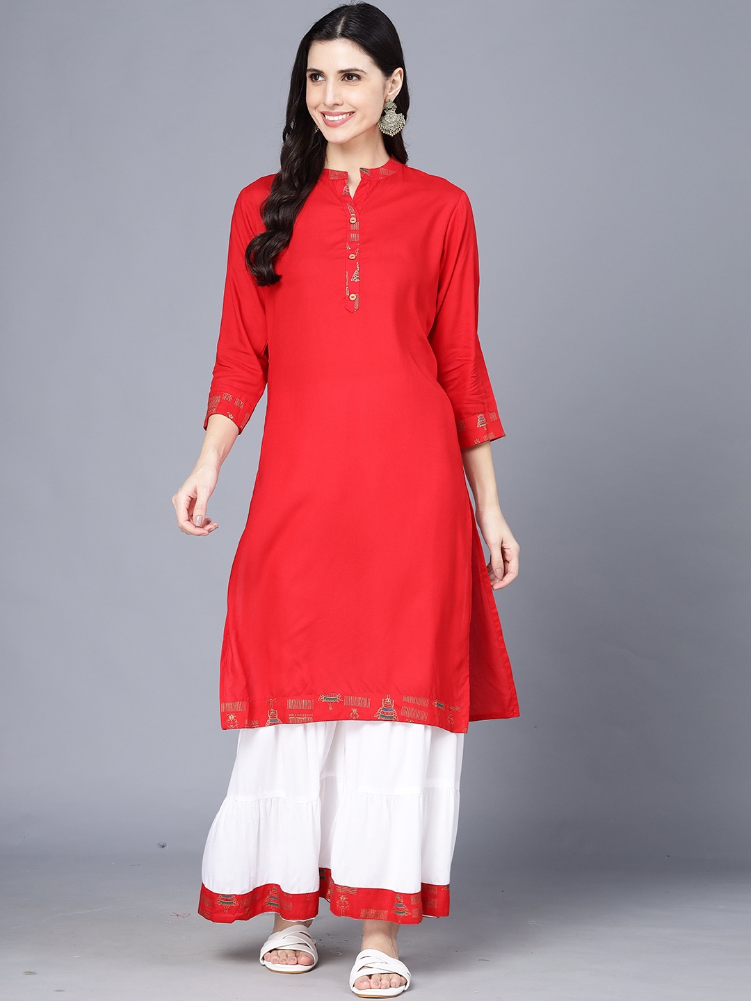 

Parth Fab Mandarin Collar Regular Straight Kurta with Sharara, Red