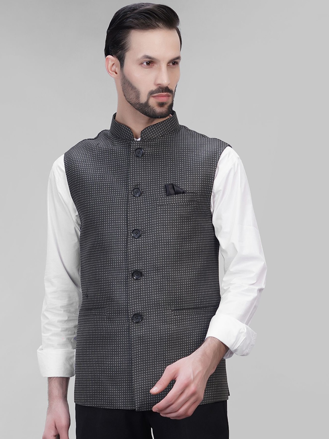 

LA'SCOOT Printed Mandarin Collar Nehru jacket, Green