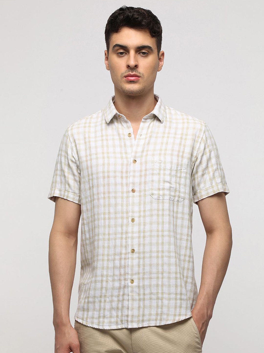 

Crocodile Comfort Tartan Checked Cotton Linen Casual Shirt, White