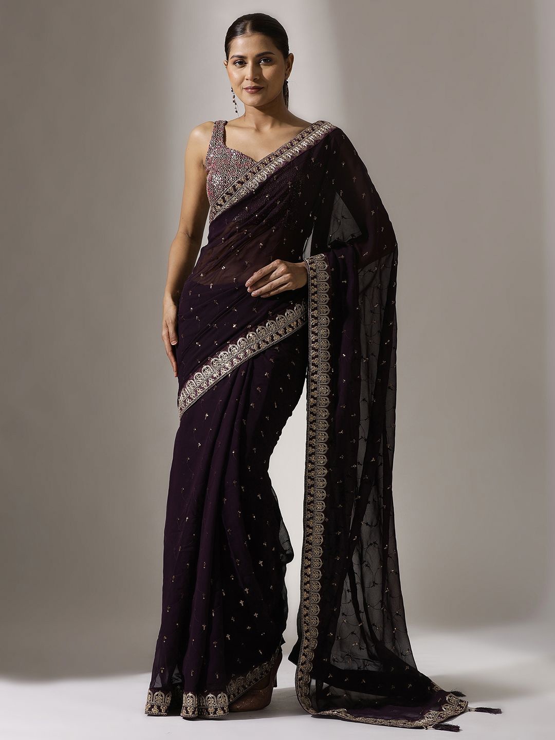 

Qahal Ethnic Motifs Embroidered Pure Georgette Saree, Purple