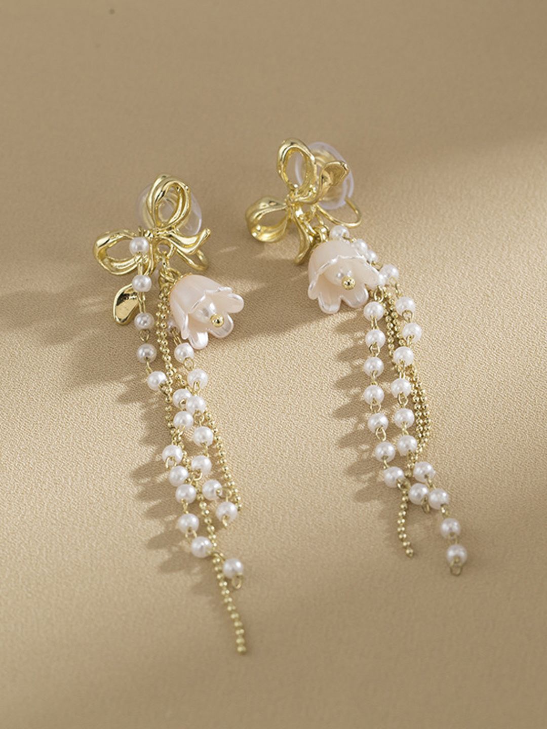 

VAGHBHATT Gold-Plated Floral Shaped Pearls Antique Drop Earrings