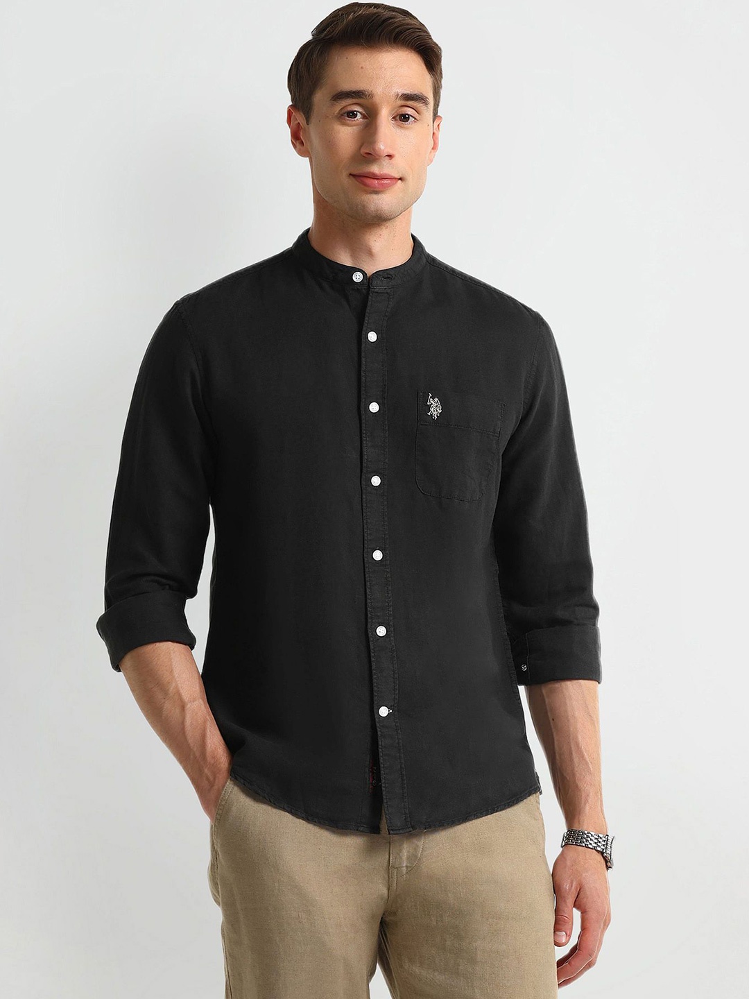 

U.S. Polo Assn. Men Modern Band Collar Solid Linen Blend Slim Fit Casual Shirt, Black