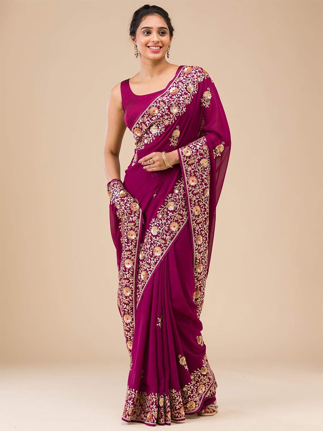 

Koskii Floral Sequinned Pure Georgette Saree, Purple