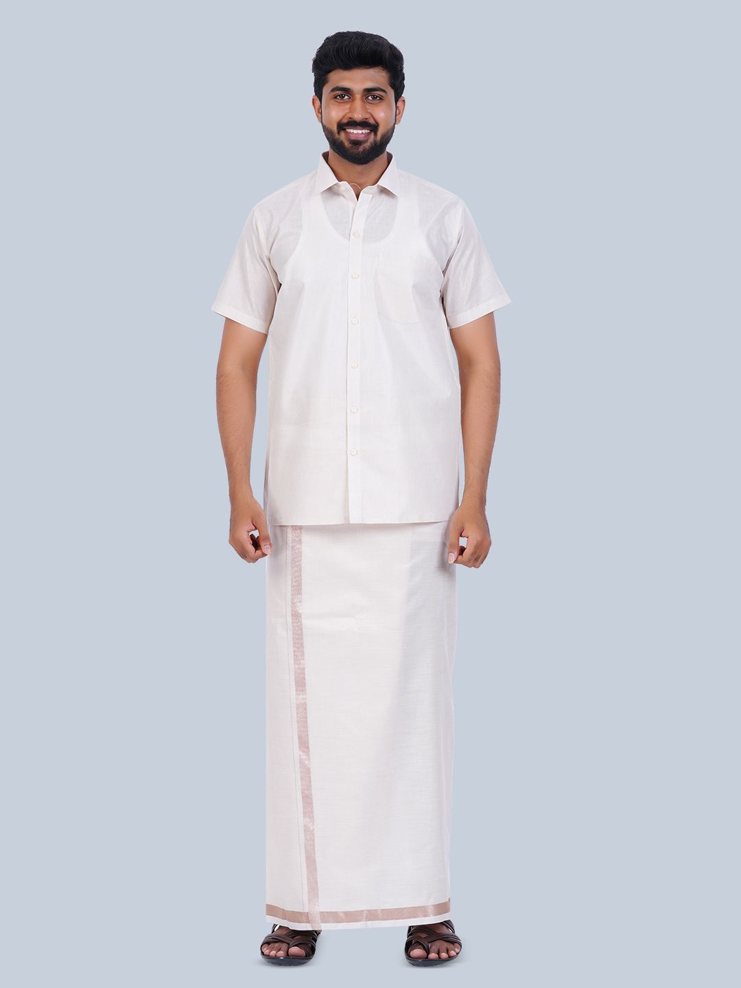 

THANGAMAGAN Tissue Cotton Shirt with Veshti, White