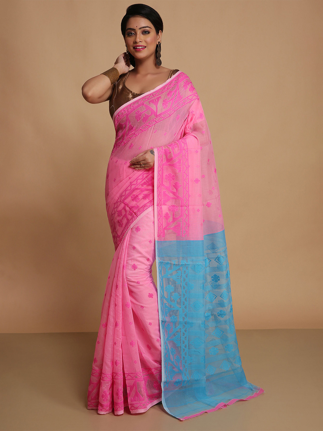 

BENGAL HANDLOOM Women Woven Design Taant Saree, Pink
