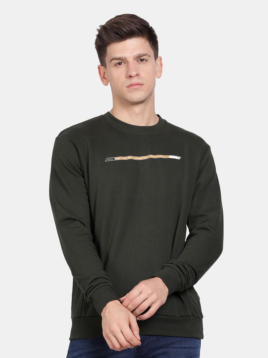 

t-base Men Typography Printed Sweatshirt, Olive