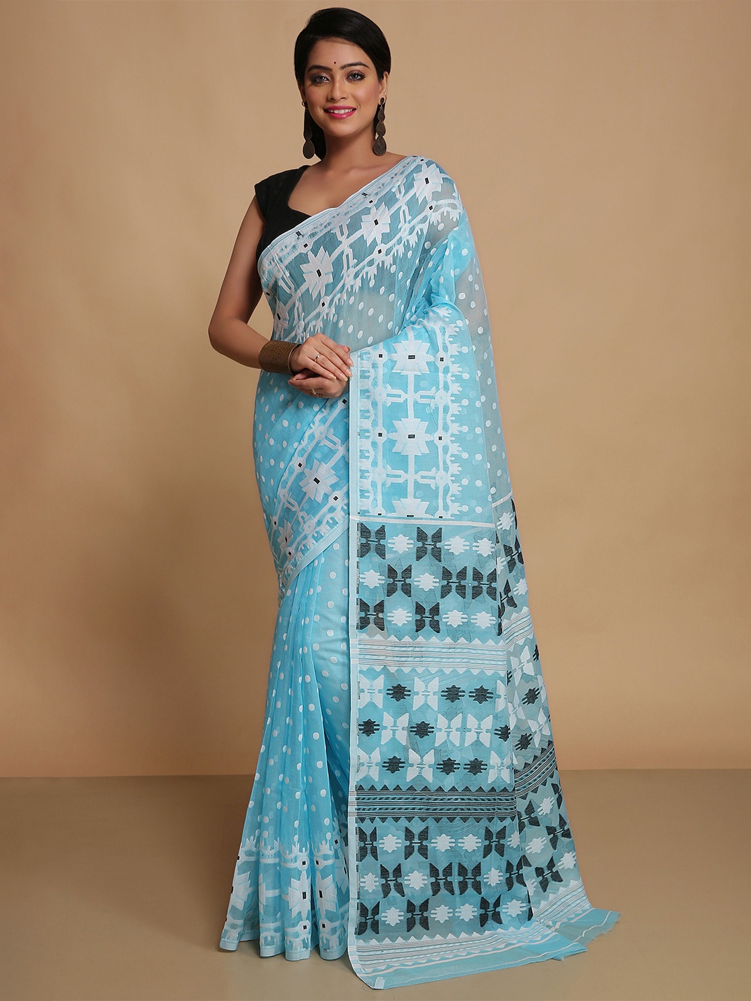 

BENGAL HANDLOOM Woven Design Jamdani Saree, Blue