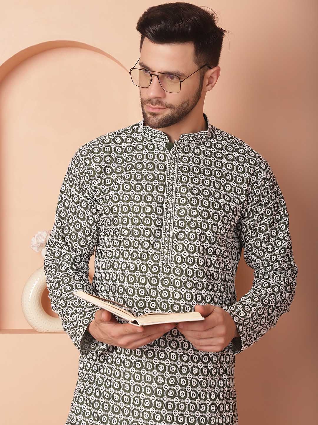 

Jompers Floral Embroidered Regular Chikankari Straight Kurta With Pyjamas, Olive