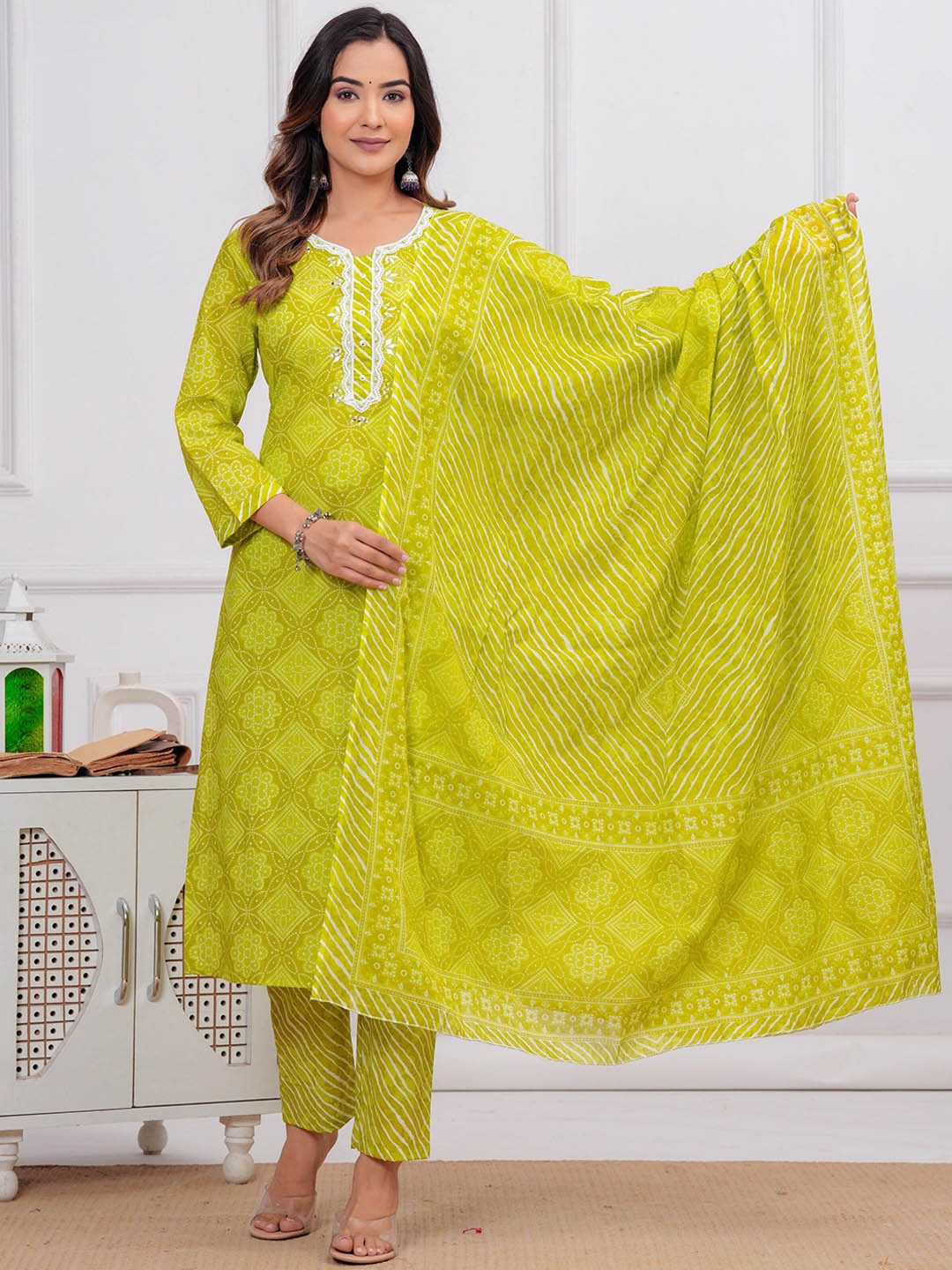 

KALINI Floral Printed Thread Work Pure Cotton Straight Kurta With Trousers & Dupatta, Green