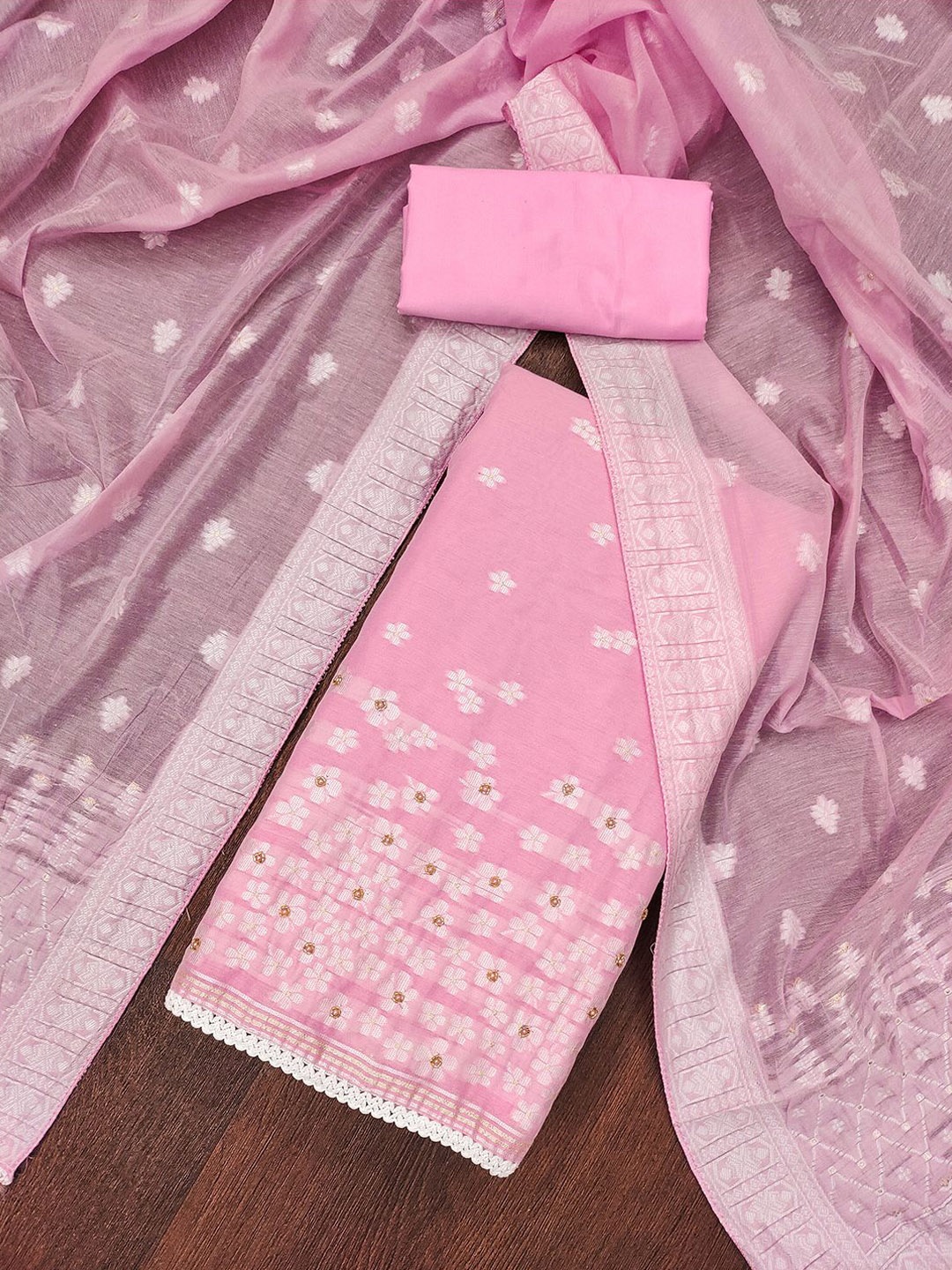 

Lilots Floral Woven Design Beads & Stones Unstitched Dress Material, Pink