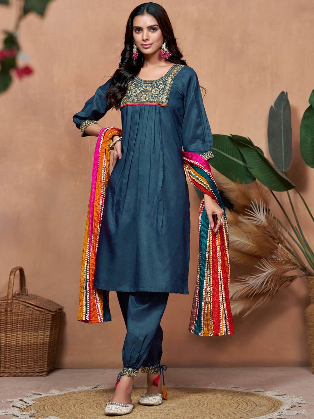 

KALINI Floral Yoke Design Sequinned Straight Kurta With Salwar & Dupatta, Blue