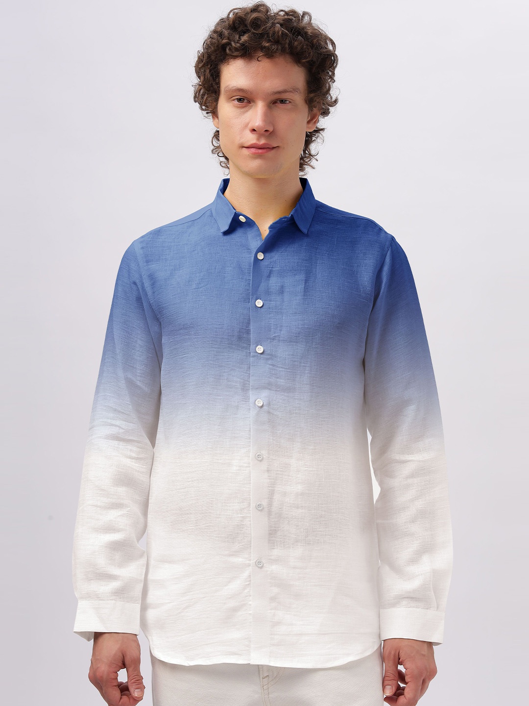 

HAMPTONS Cotton Linen Faded Ombre Casual Shirt, Blue