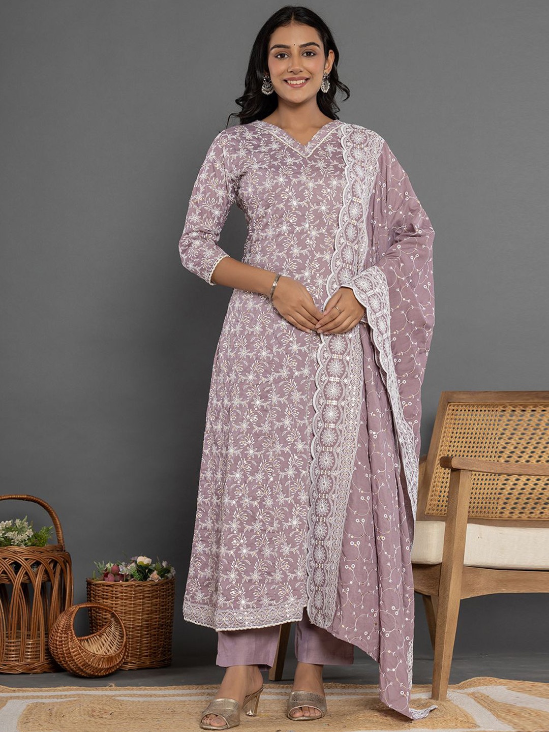 

Yufta Floral Embroidered Pure Cotton Anarkali Kurta & Trousers With Dupatta, Purple