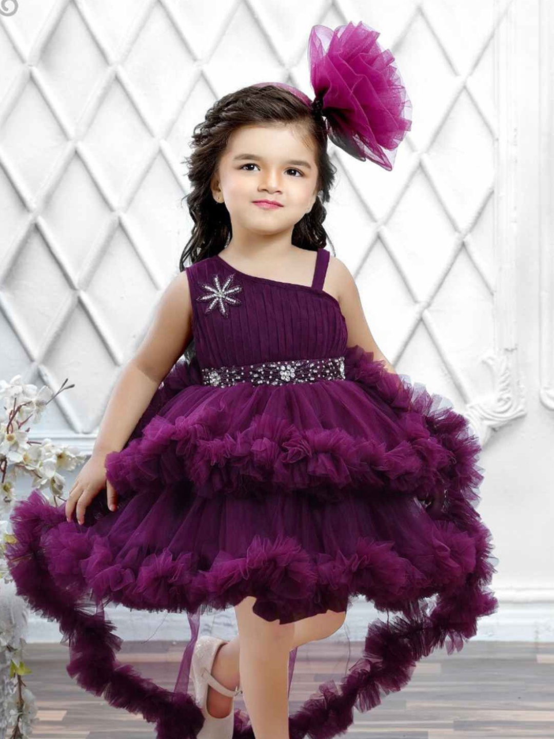 

Lagorii Girls Embellished One Shoulder Ruffled Net Fit & Flare Dress, Burgundy