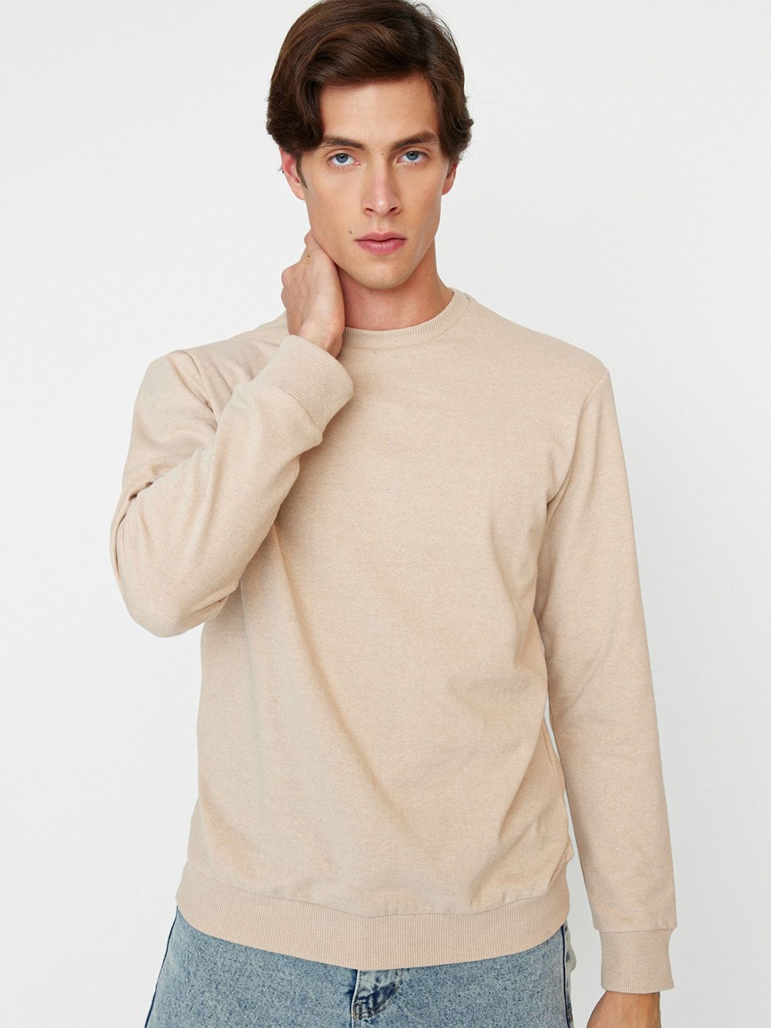 

Trendyol Men Round Neck Solid Sweatshirt, Beige