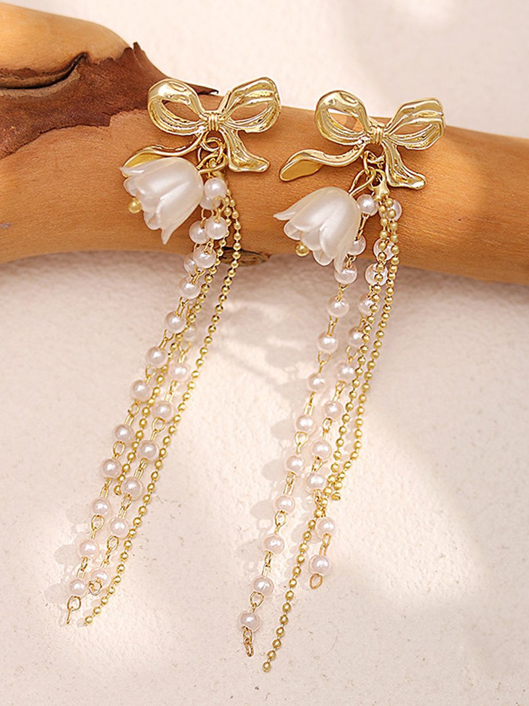 

VAGHBHATT Gold-Plated Floral Bow & Faux Pearl Beaded Drop Earrings