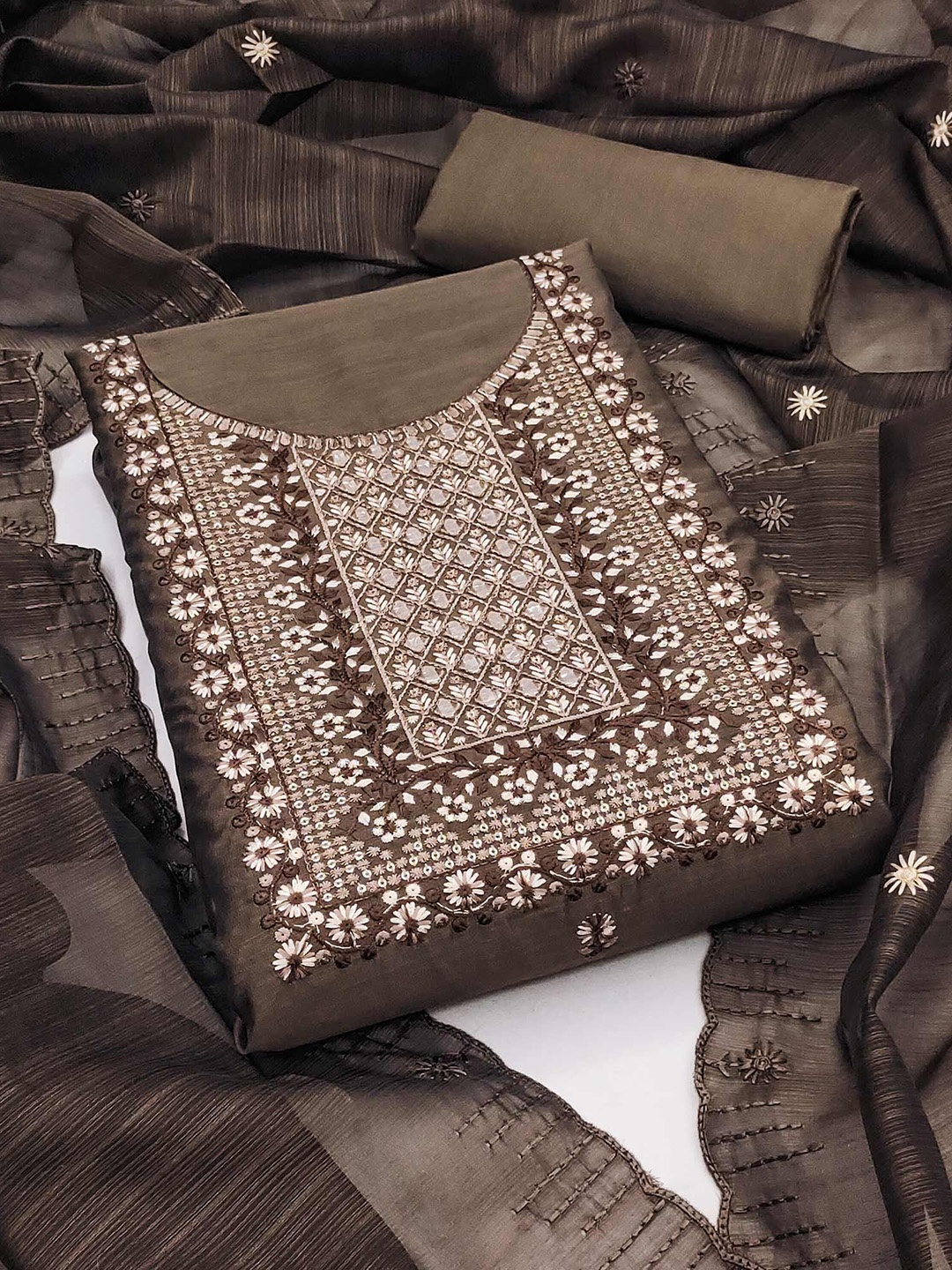 

Peachmode Ethnic Motifs Embroidered Mirror Work Unstitched Dress Material, Brown