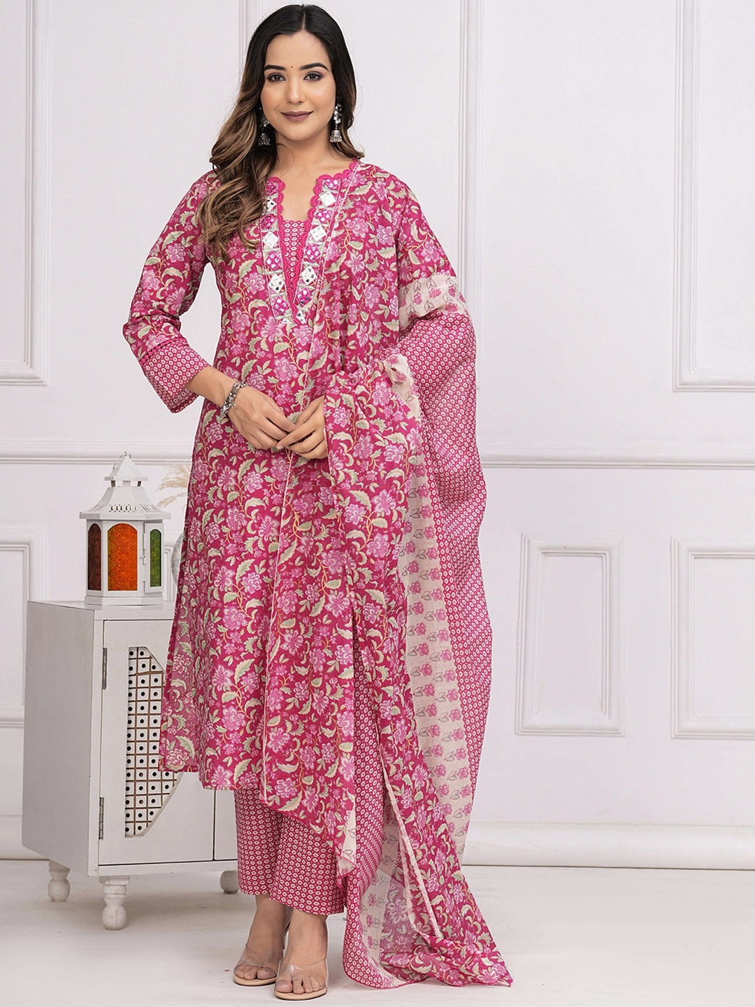

KALINI Floral Printed Mirror Work Pure Cotton Kurta with Trousers & Dupatta, Pink