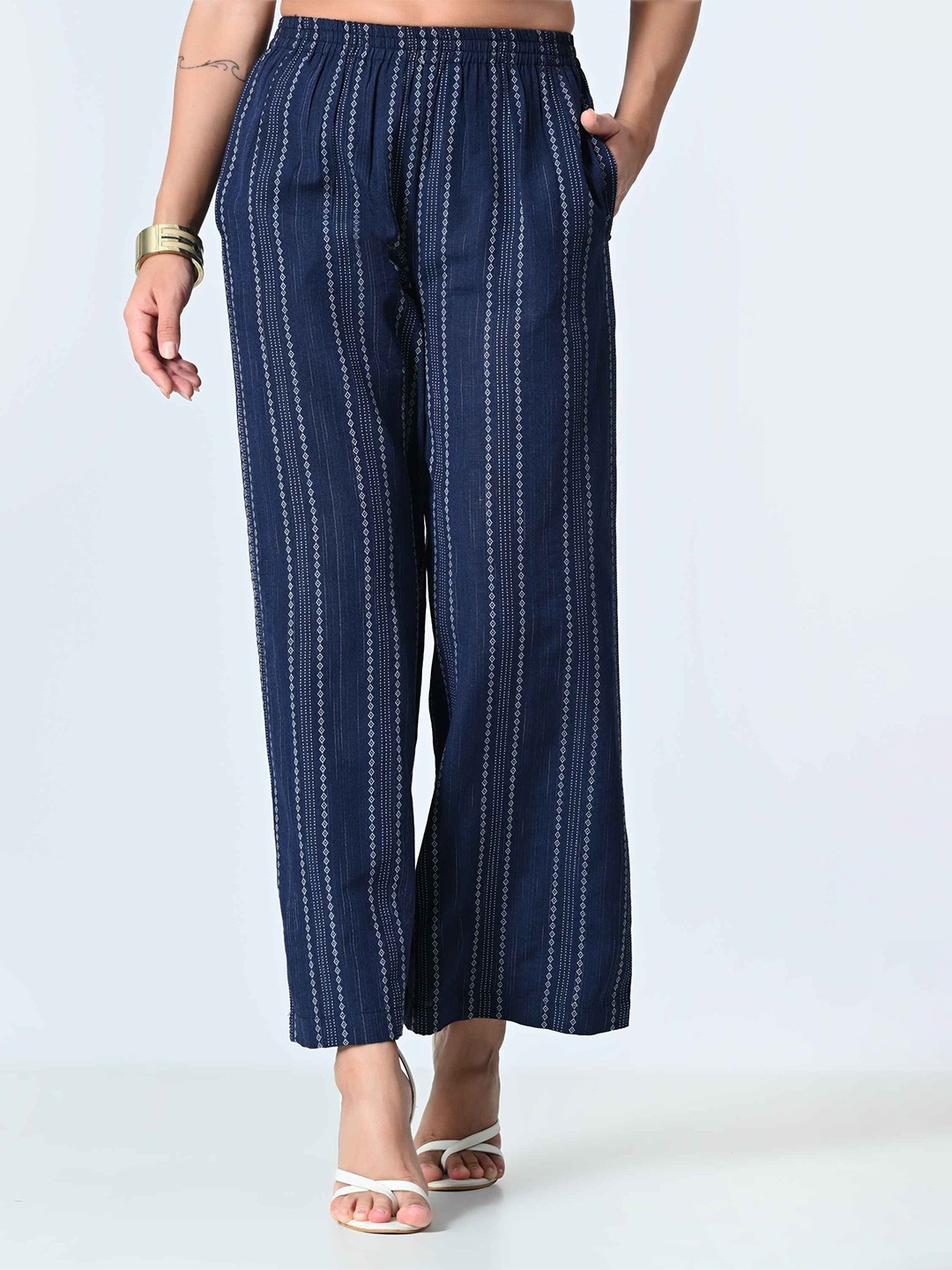 

ALL WAYS YOU Women Striped Palazzos, Navy blue