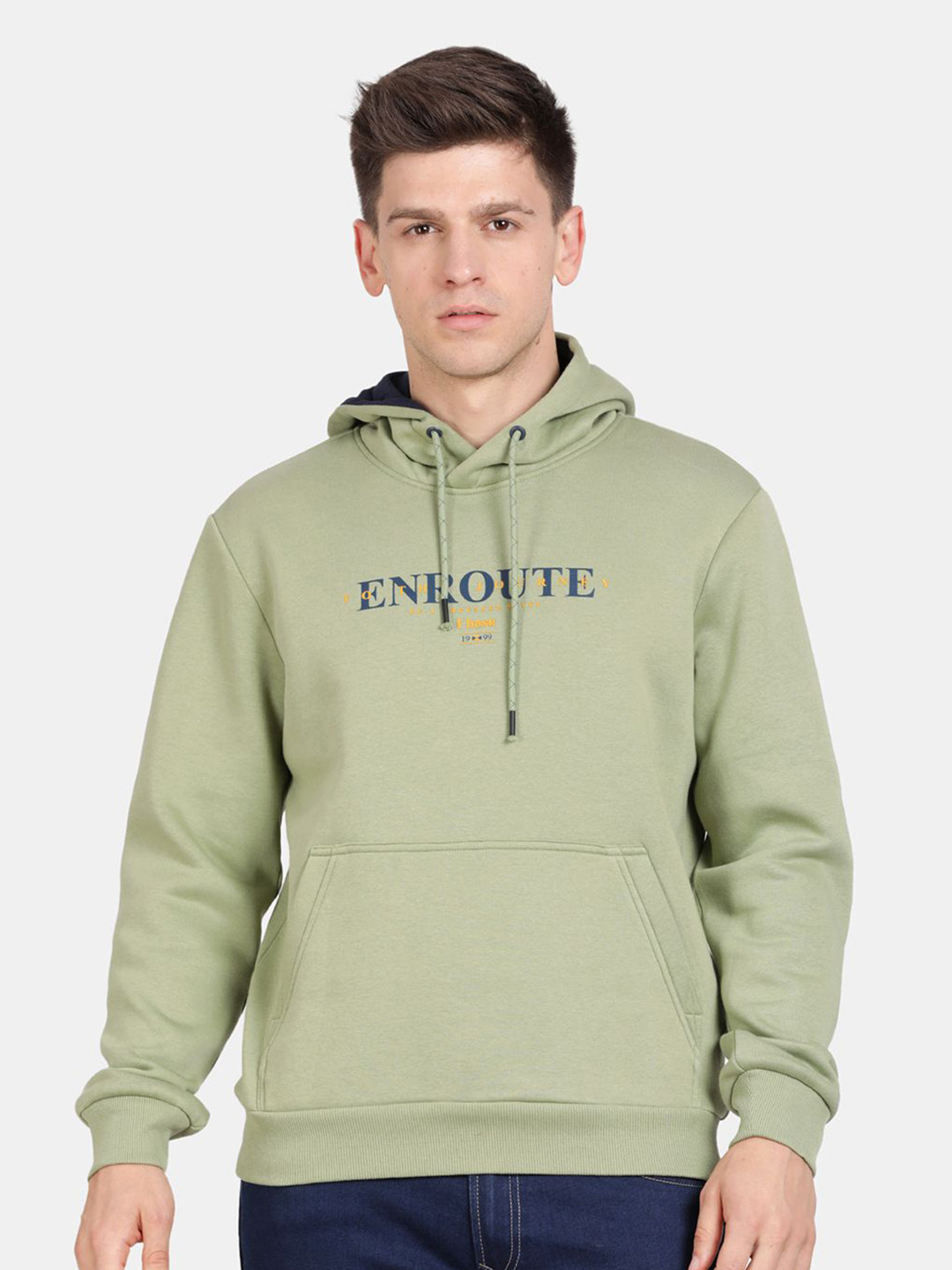 

t-base Men Typography Printed Hooded Sweatshirt, Green