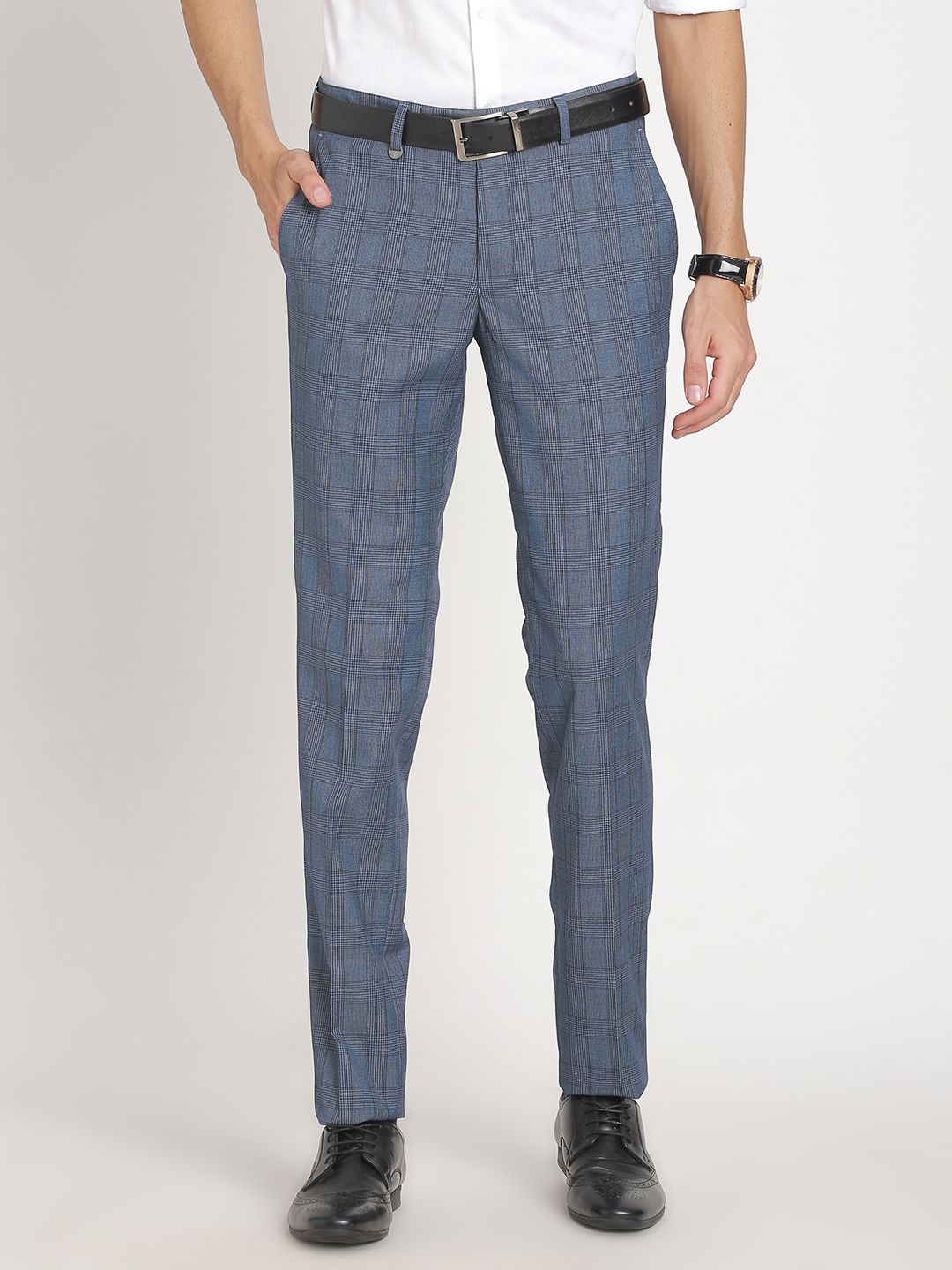 

Turtle Men Checked Tailored Slim Fit Trousers, Grey