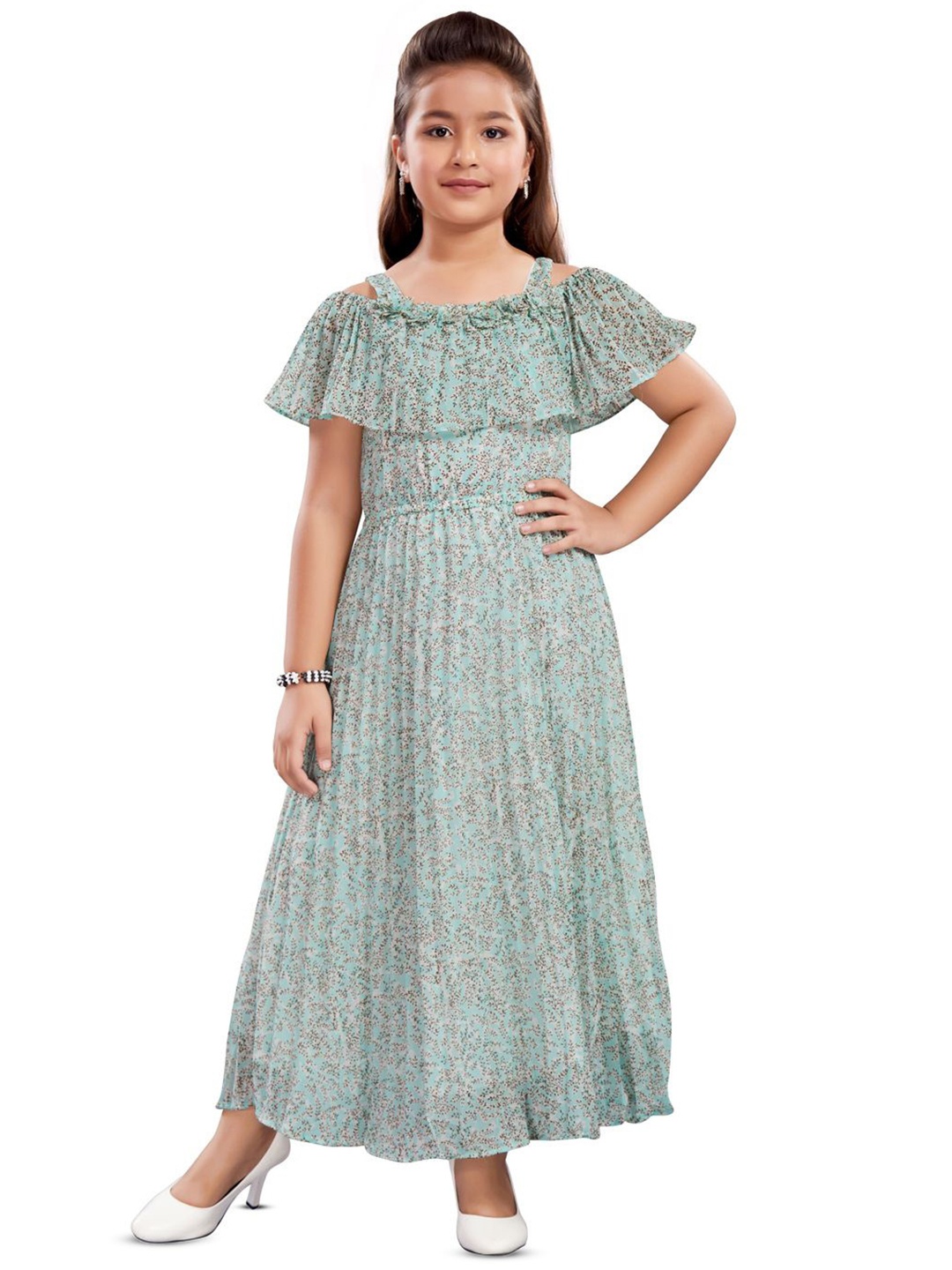 

Lei-Chie Print Cape Sleeve Georgette Fit & Flare Maxi Dress, Green