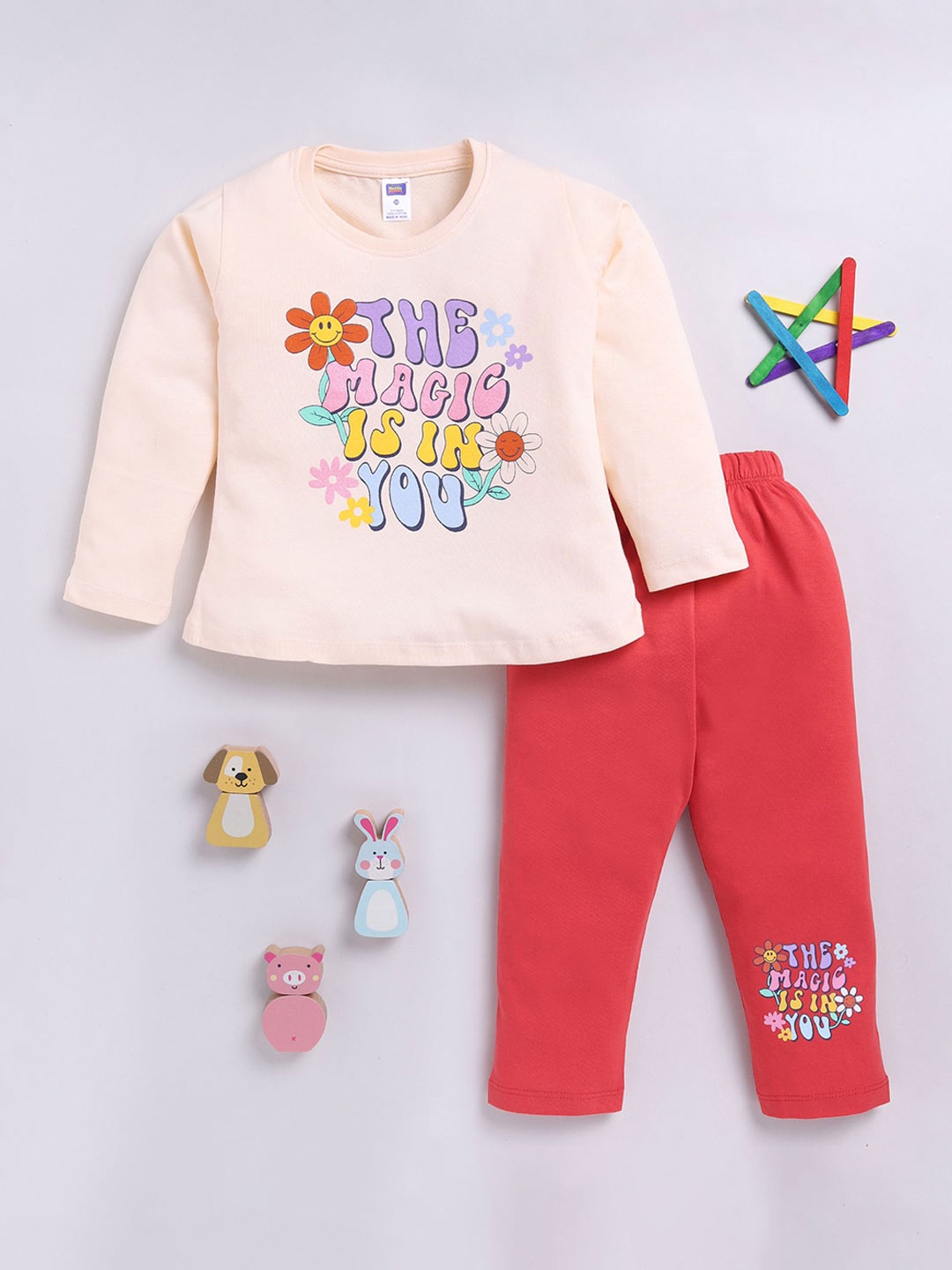 

Nottie Planet Girls Flower Printed Pure Cotton T-shirt with Trousers, Cream