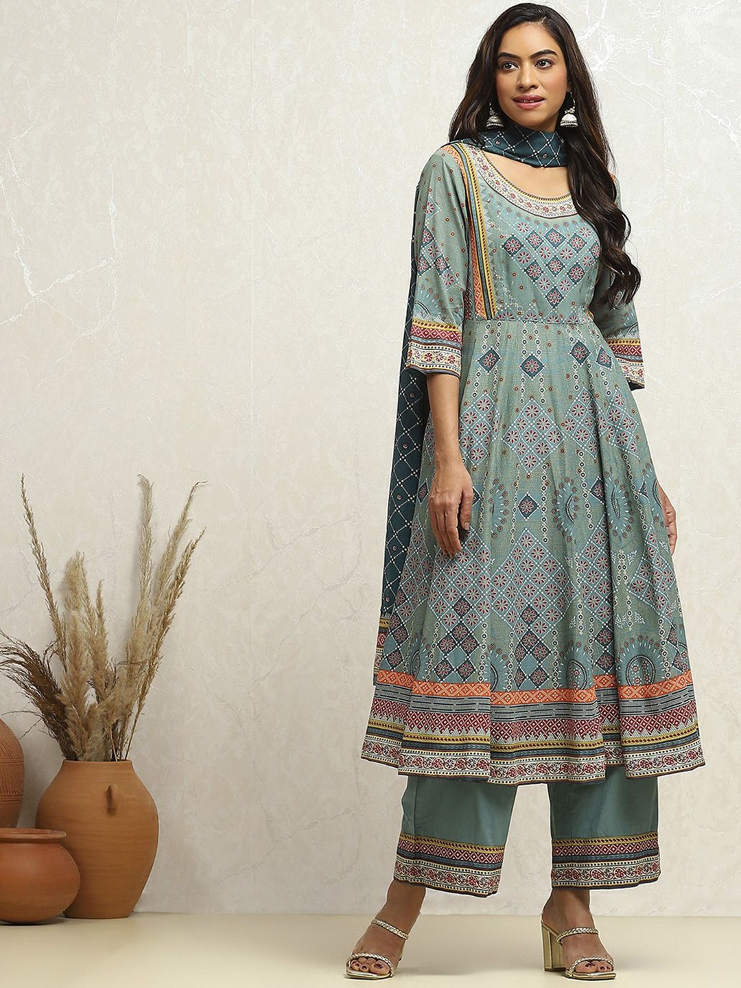 

Biba Ethnic Motifs Printed Pure Cotton Anarkali Kurta With Palazzos & Dupatta, Turquoise blue
