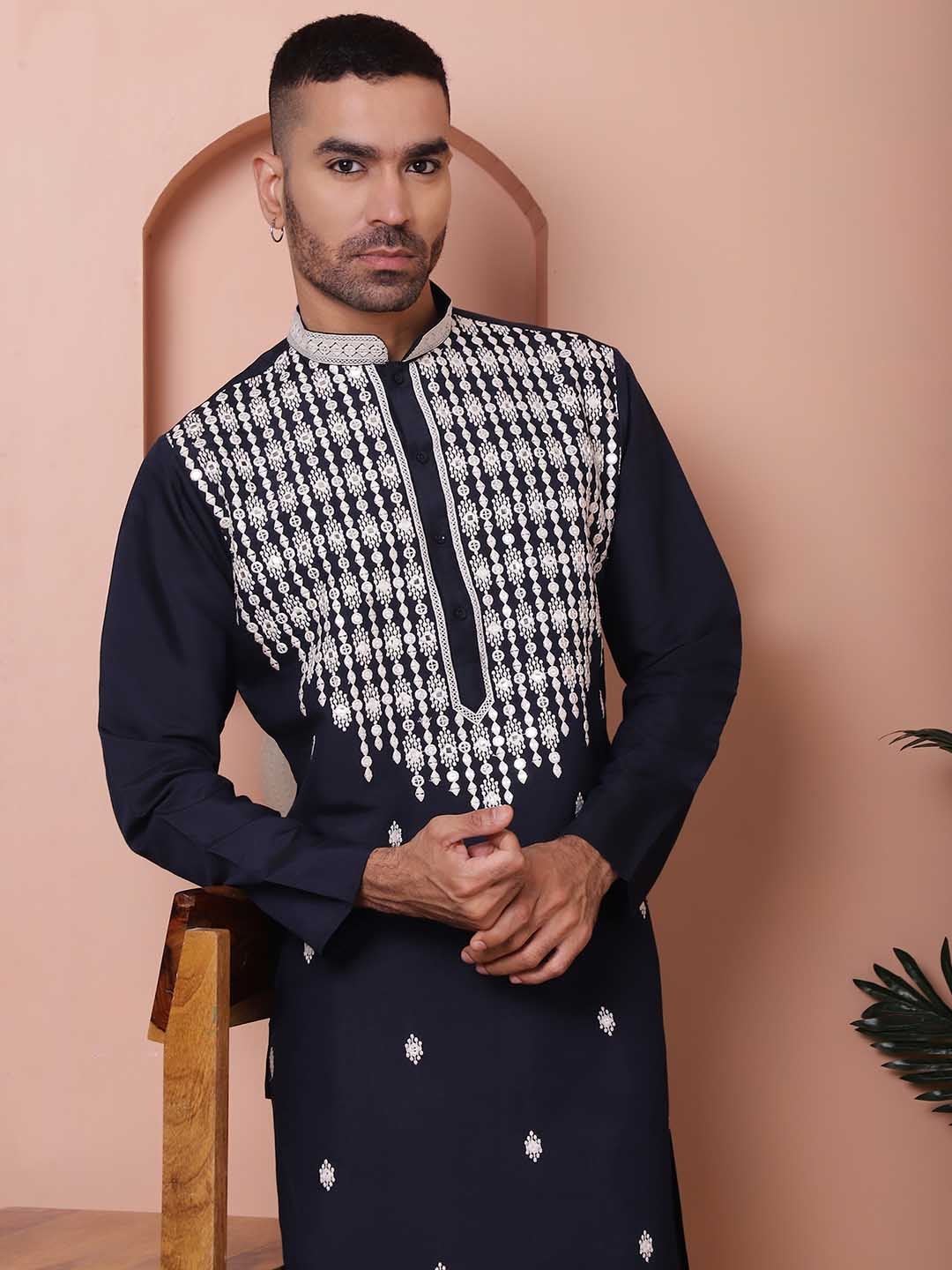 

Jompers Men Ethnic Motifs Embroidered Regular Mirror Work Kurta with Pyjamas, Navy blue