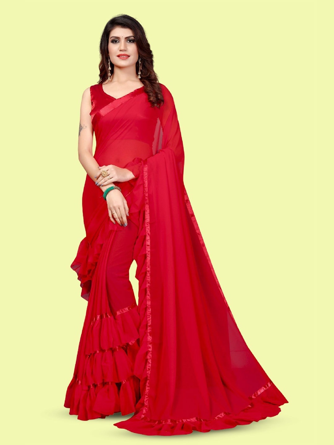 

Aika Pure Georgette Ruffled Maroon Saree