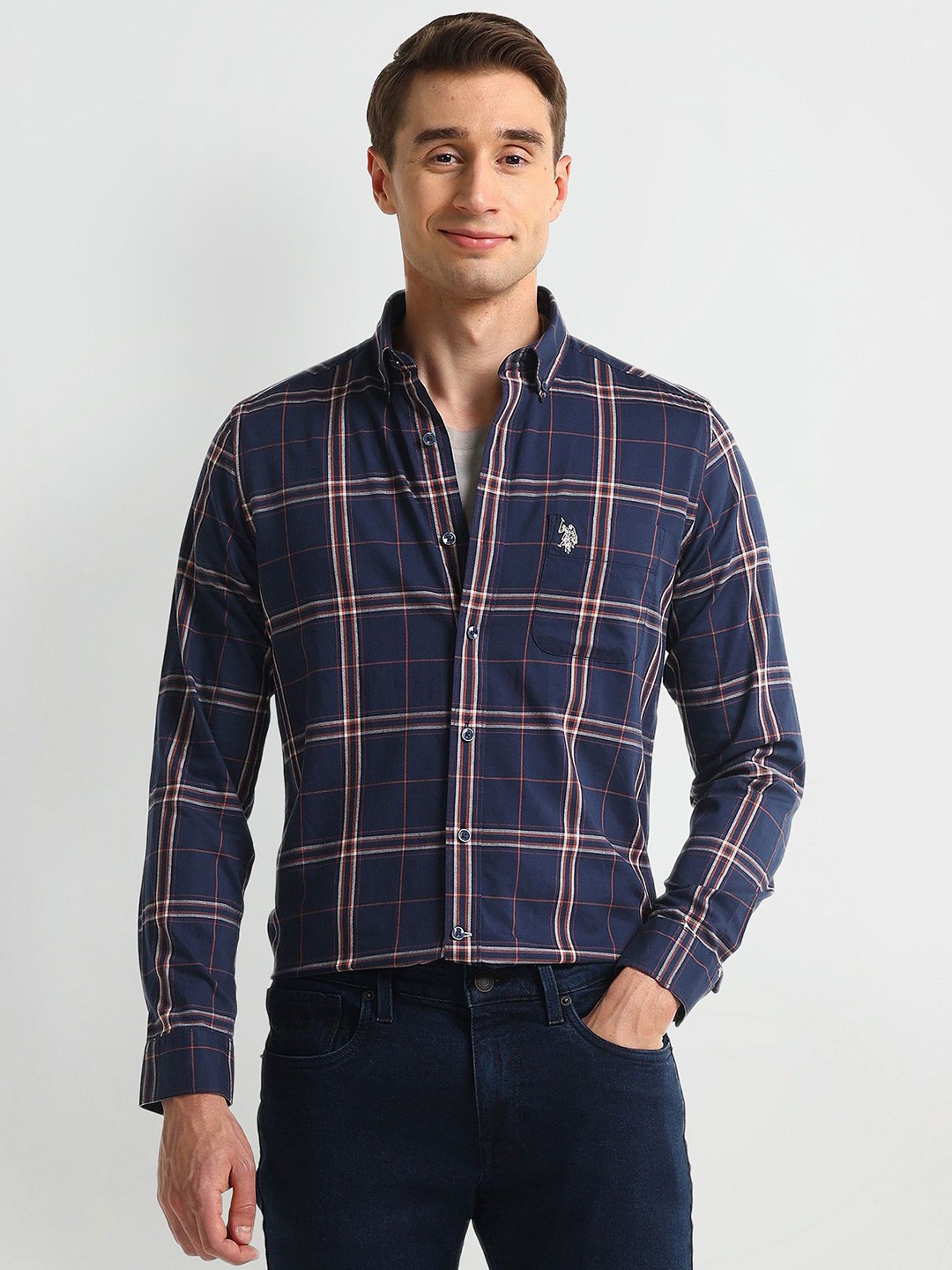 

U.S. Polo Assn. Men Modern Button-Down Collar Tartan Checked Cotton Slim Fit Casual Shirt, Blue