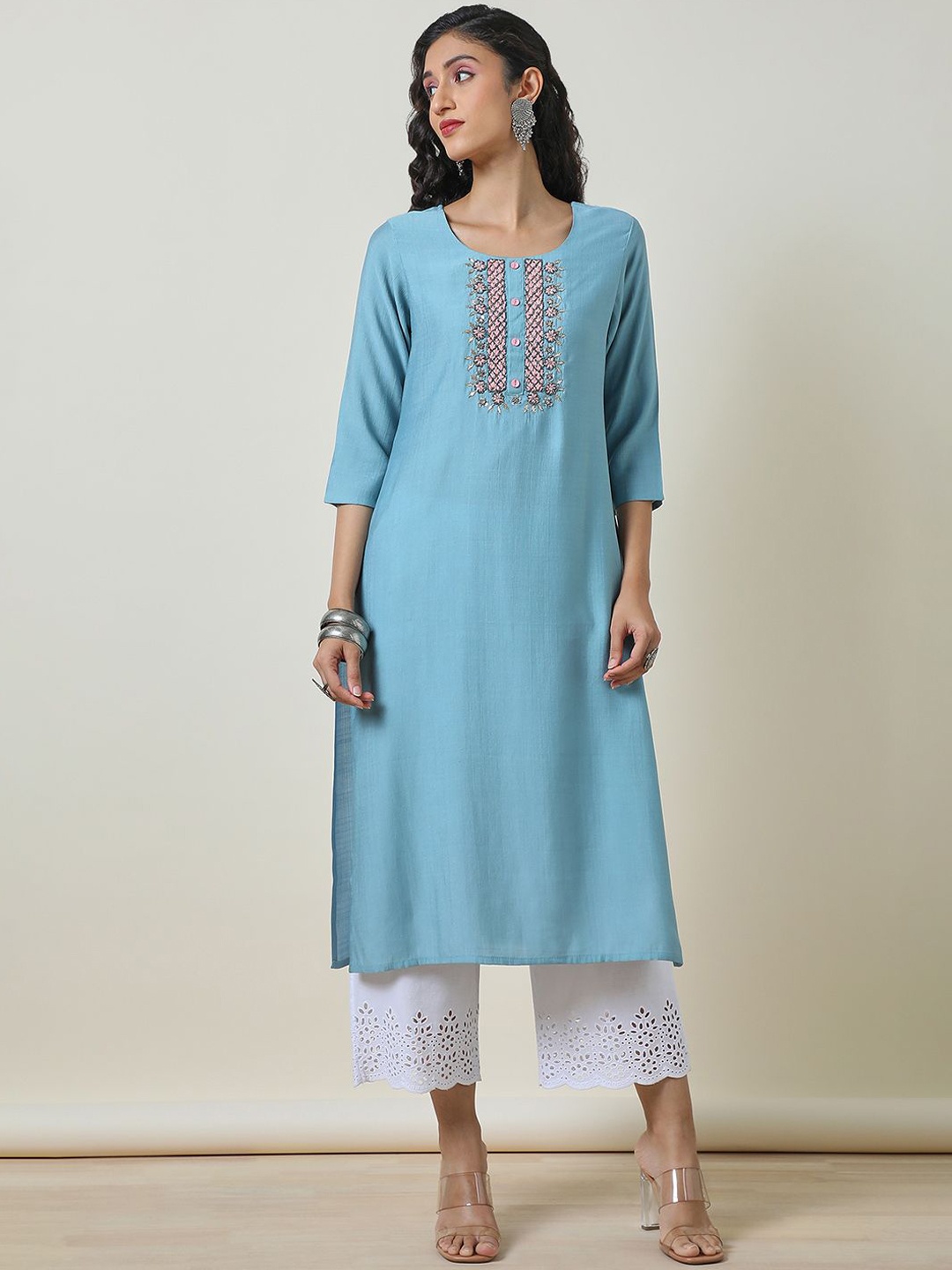 

Soch Floral Yoke Design Sequinned Straight Kurta, Blue