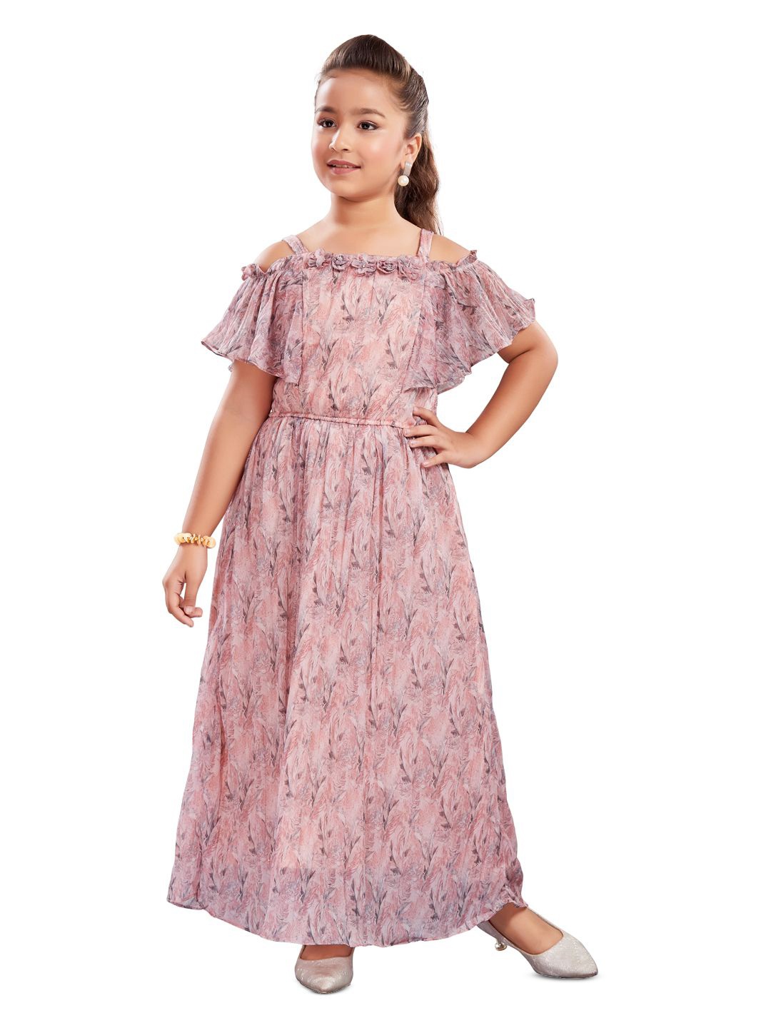 

Lei-Chie Floral Print Off-Shoulder Cold-Shoulder Chiffon Fit & Flare Maxi Dress, Pink