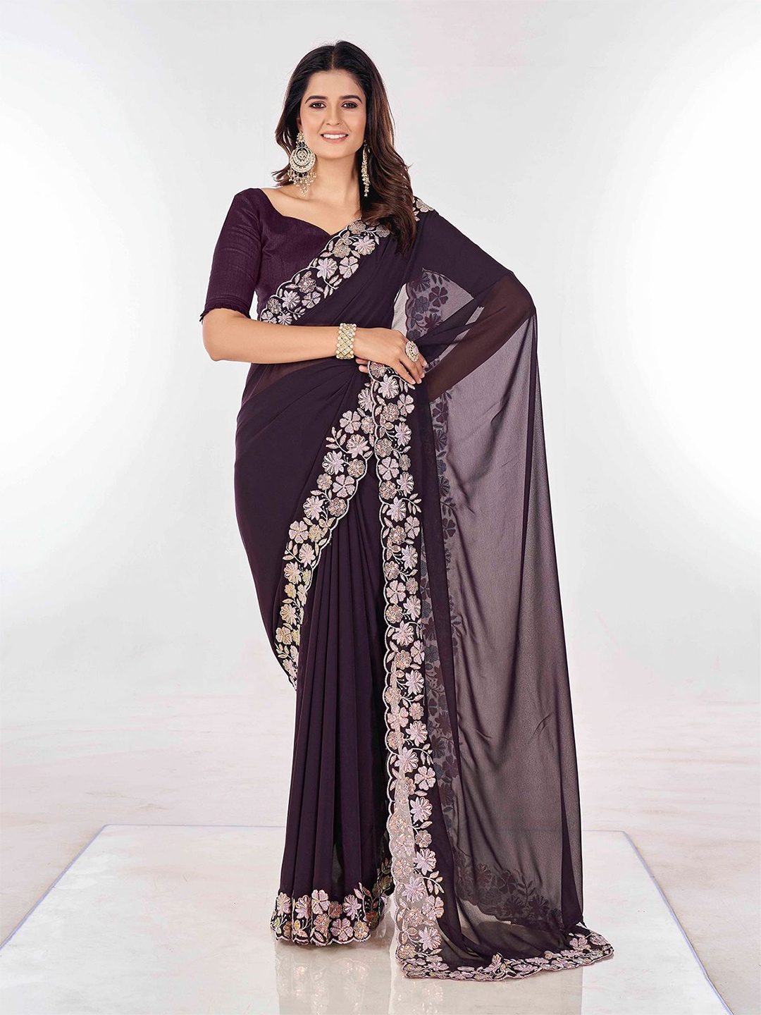 

ODETTE Embroidered Poly Georgette Saree, Purple